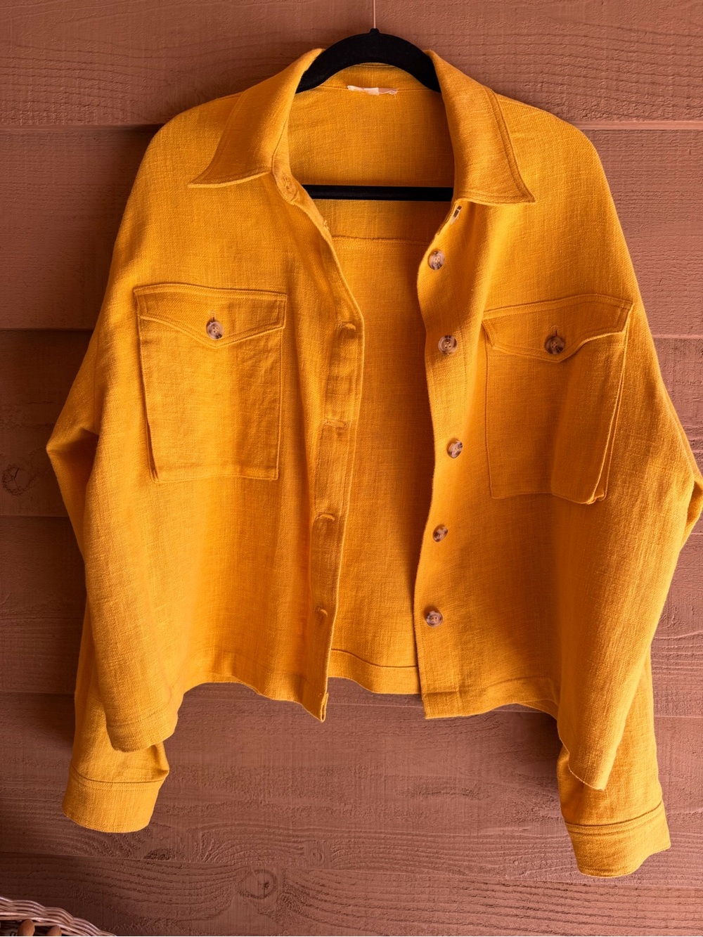 Gilli 100% Linen Mustard Yellow Cropped Button Front Shacket Jacket Large